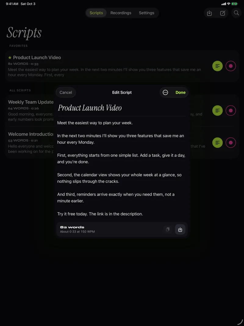 Editing a script on iPad, shown over the Scripts list.