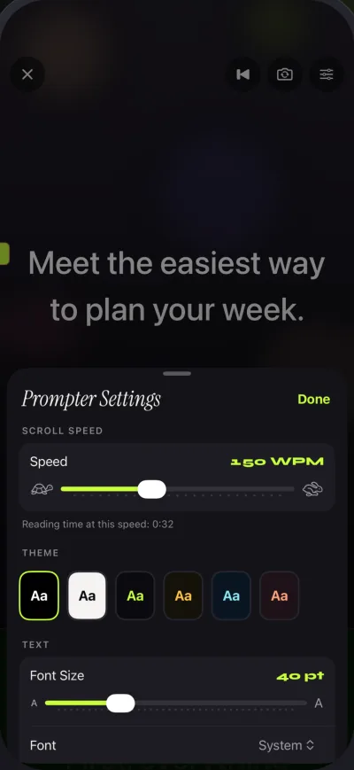 Prompter Settings on iPhone: scroll speed set to 150 WPM with the reading time, six theme swatches and the font size slider.